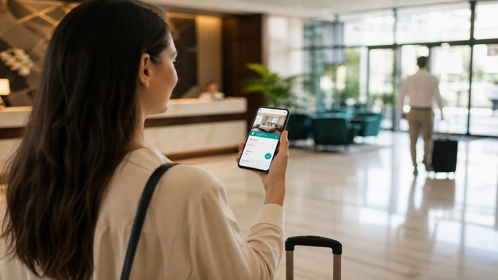 Traveler in a hotel lobby holding a smartphone showing a hotel reservation app