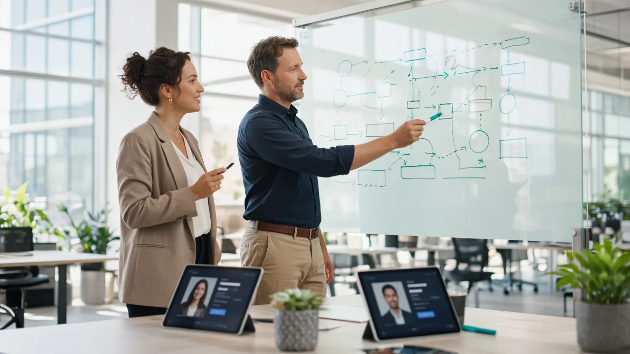 Recruiter and hiring manager planning interview stages in a bright office