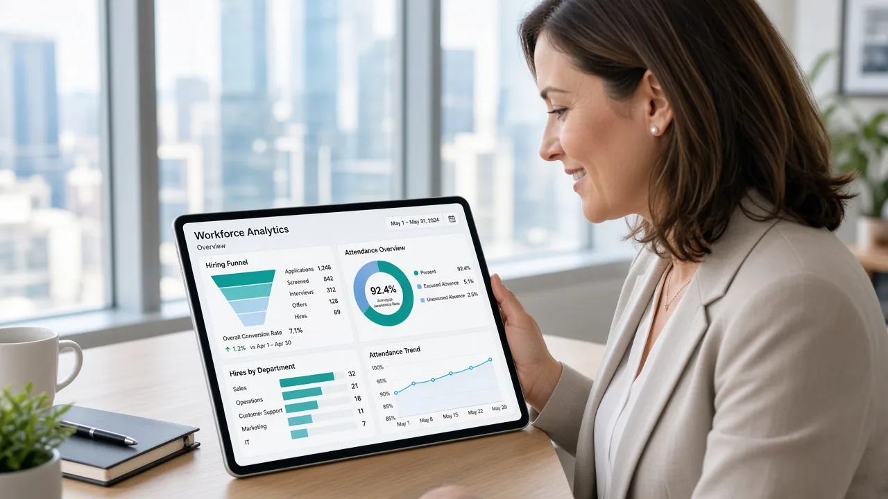 HR professional reviewing workforce analytics on a tablet in a bright office