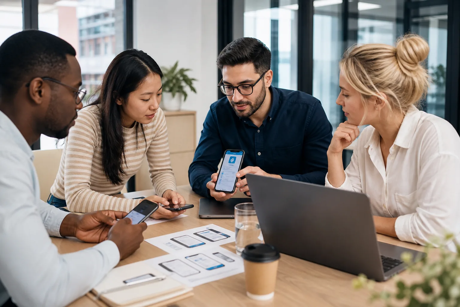 Product team designing an insurance app on phones and laptops