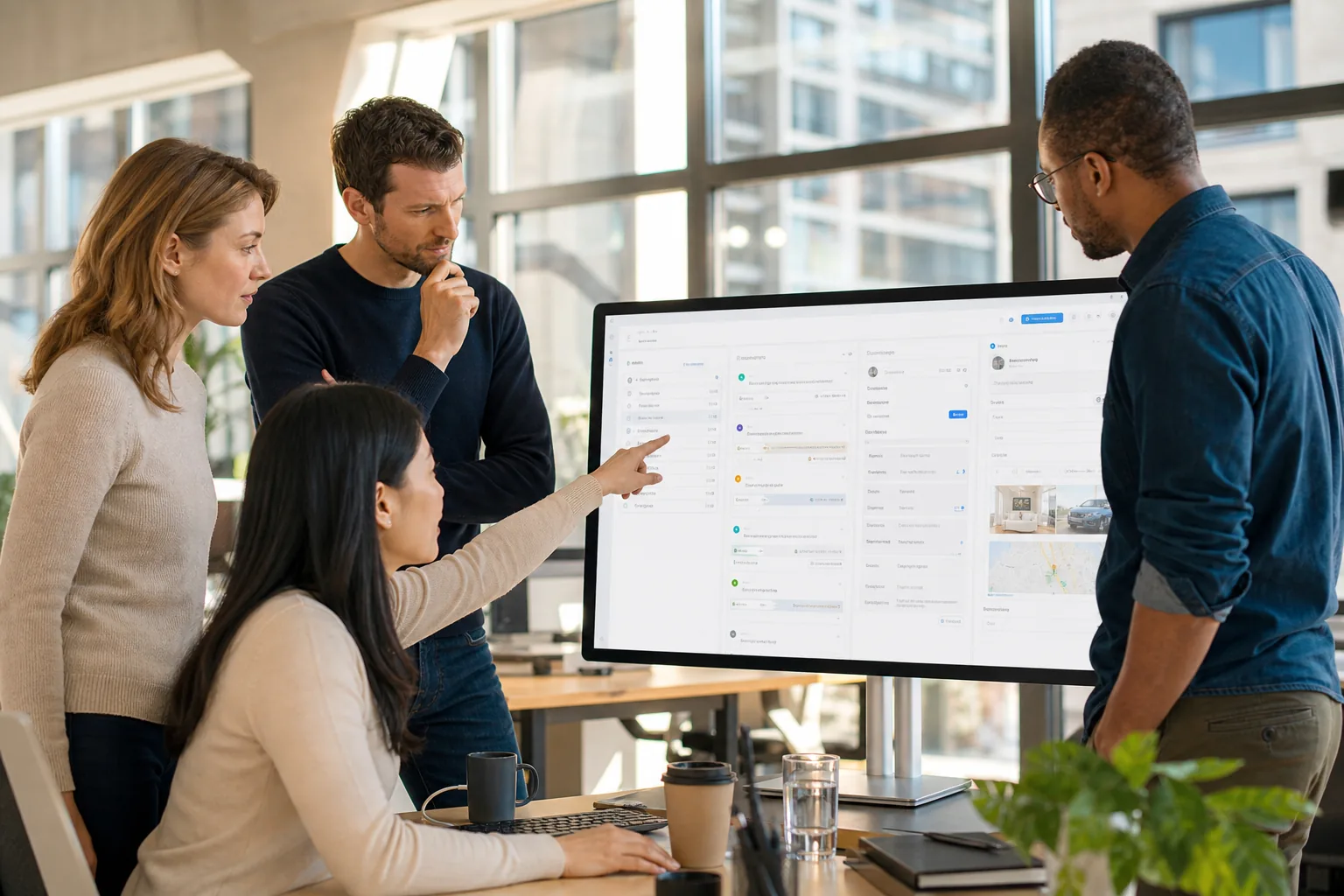 Team reviewing an InsurTech platform prototype in a bright modern office