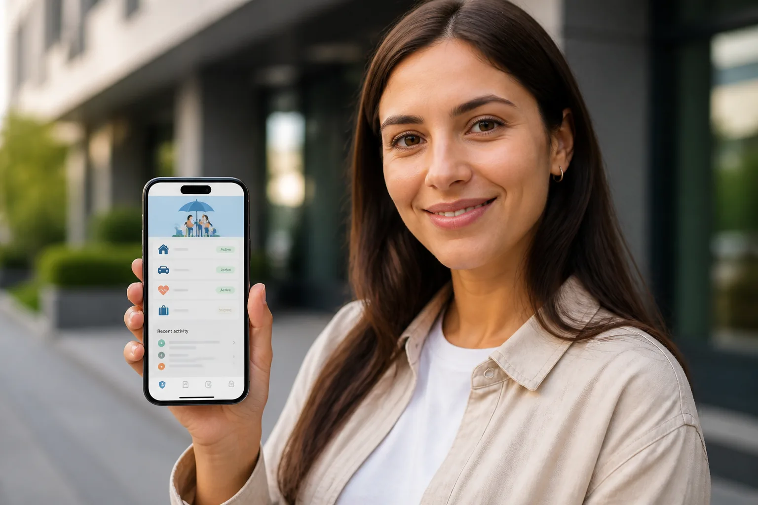 Customer using a smartphone insurance app to review a policy outdoors