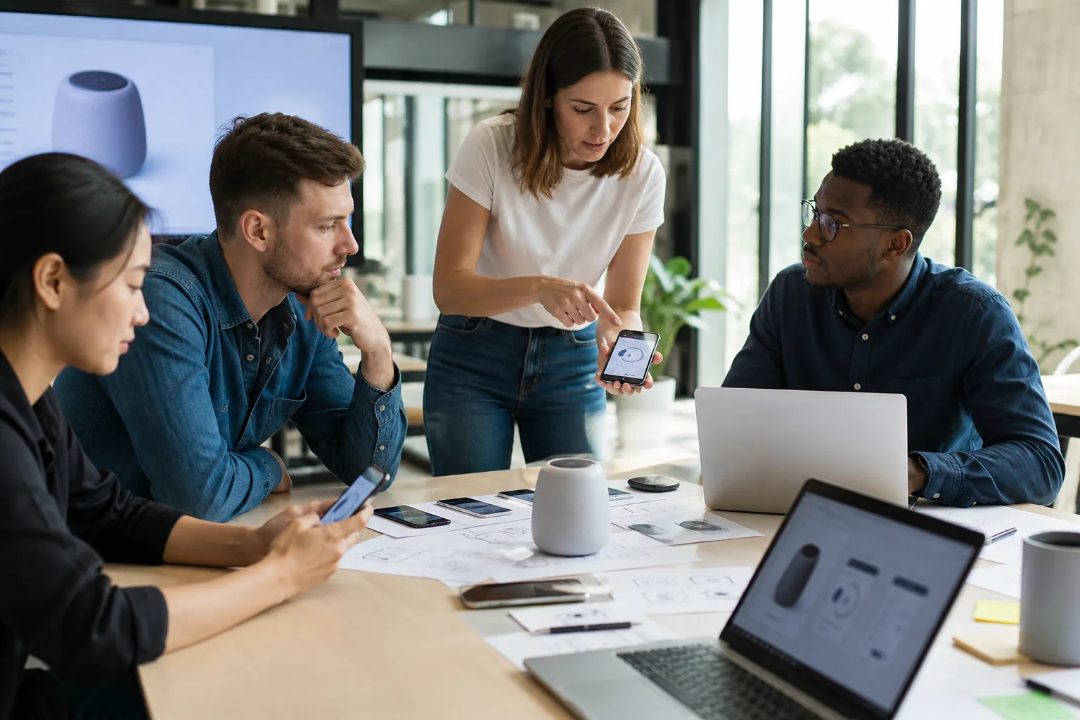 Product team designing an IoT connected device app on phones and laptops