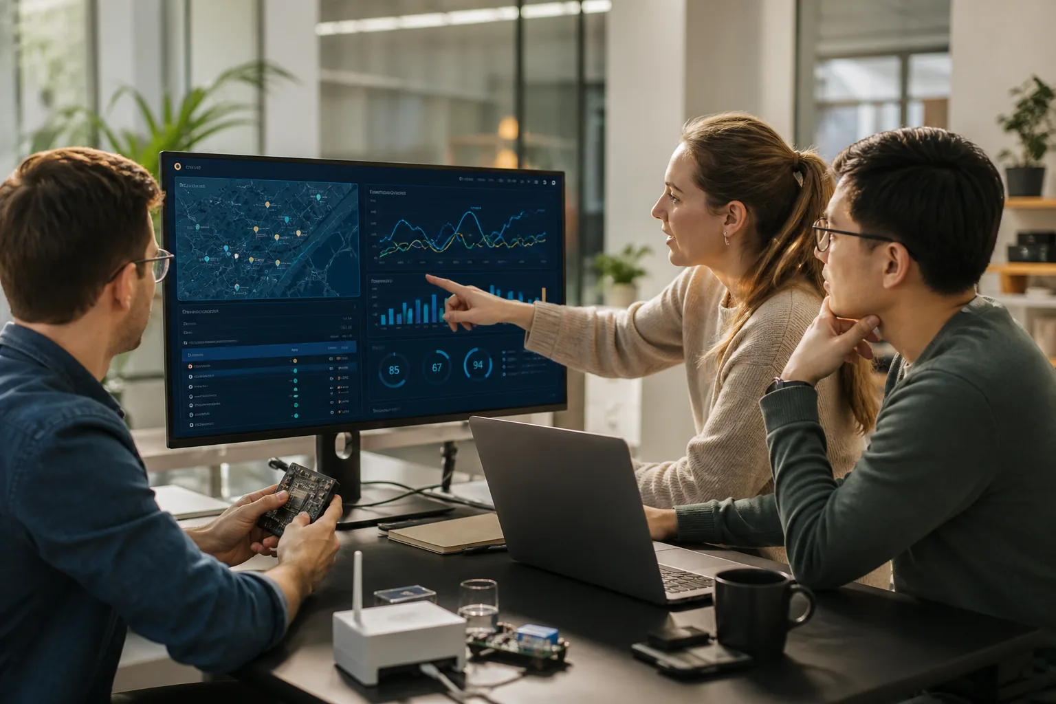 Team reviewing an IoT connected device platform prototype in a bright modern office