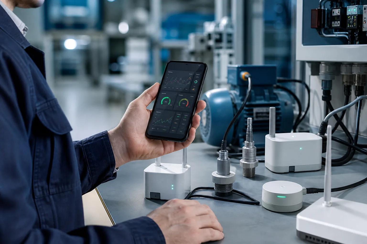 Engineer using a smartphone IoT monitoring app beside connected smart devices