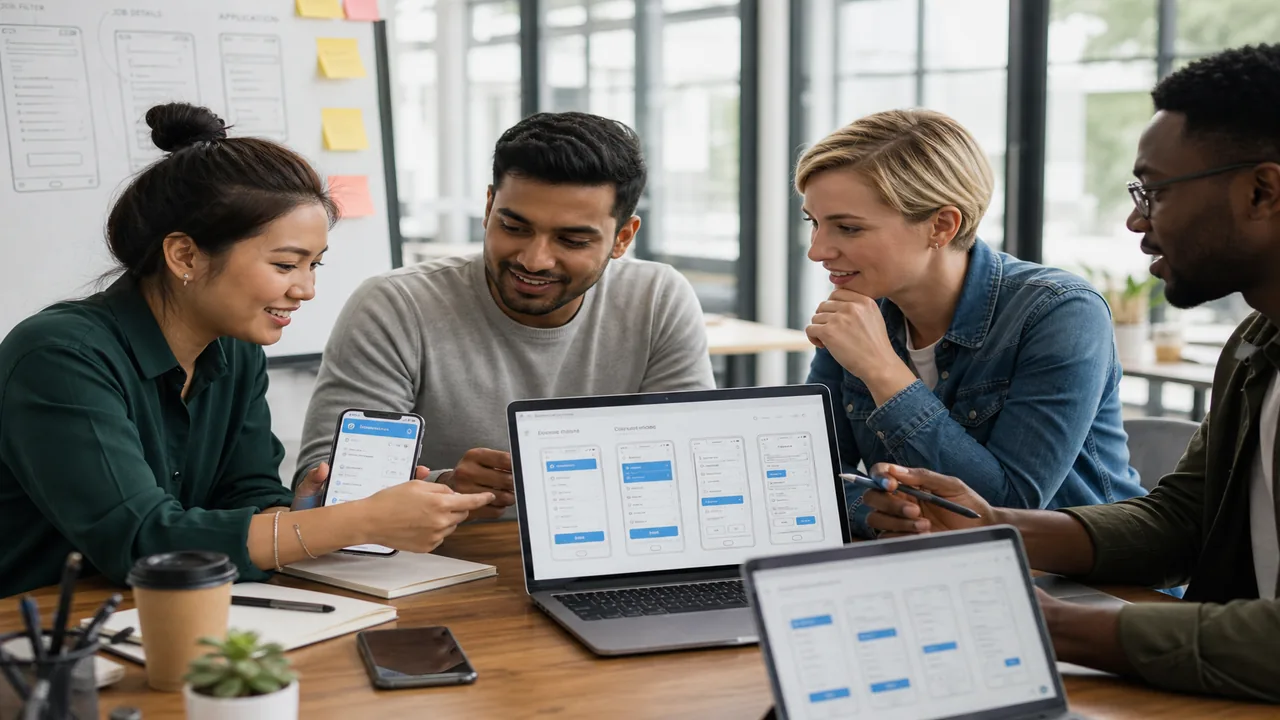 Product team designing a job portal and recruitment app on phones and laptops