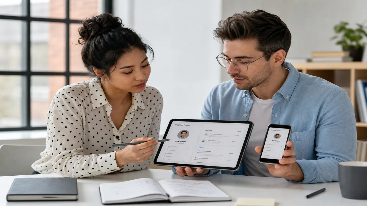 Team reviewing a recruitment platform prototype in a bright modern office