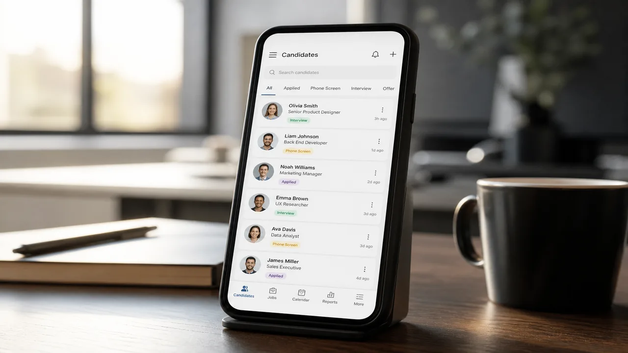 Smartphone showing a bright job search and recruitment app on a desk