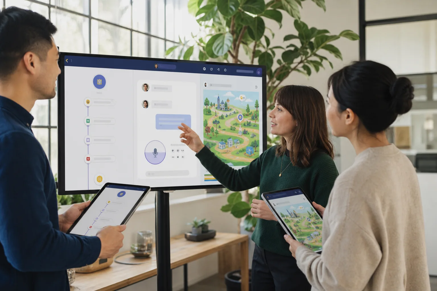 Team reviewing a language learning platform prototype in a bright modern office