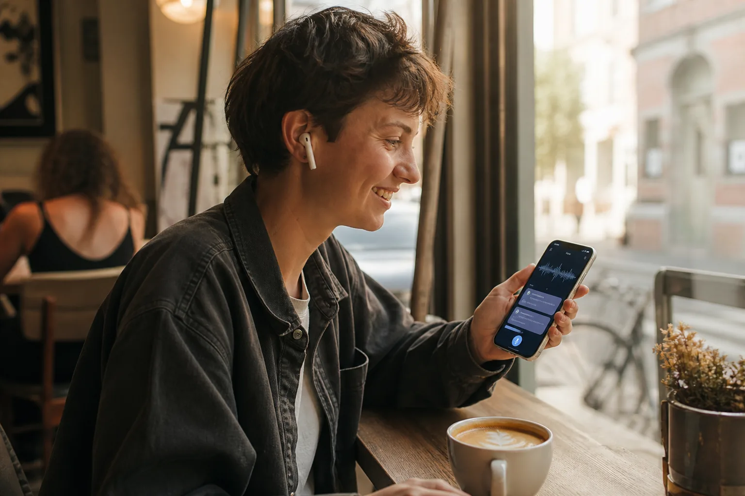 Young adult practising a language on a smartphone in a sunlit cafe