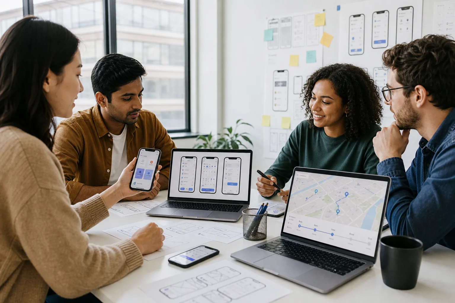 Product team designing a laundry and dry-cleaning booking app on phones and laptops