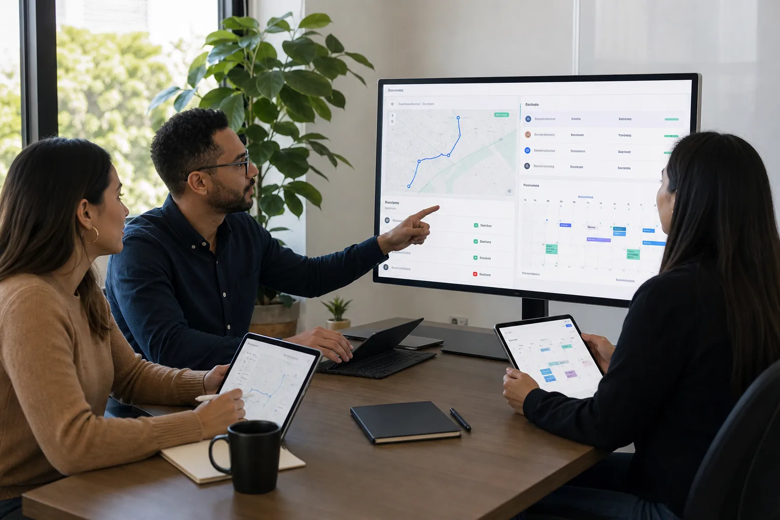 Team reviewing a laundry pickup and delivery platform prototype in a bright office