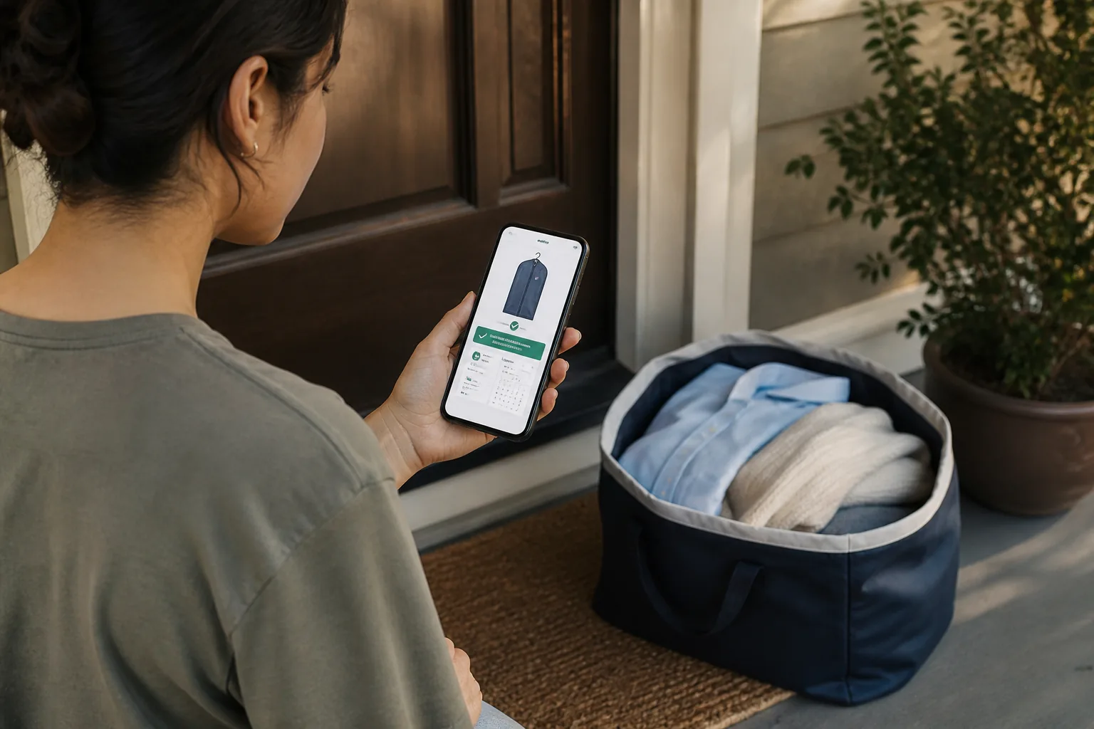 Customer scheduling a laundry pickup on a smartphone at a front door