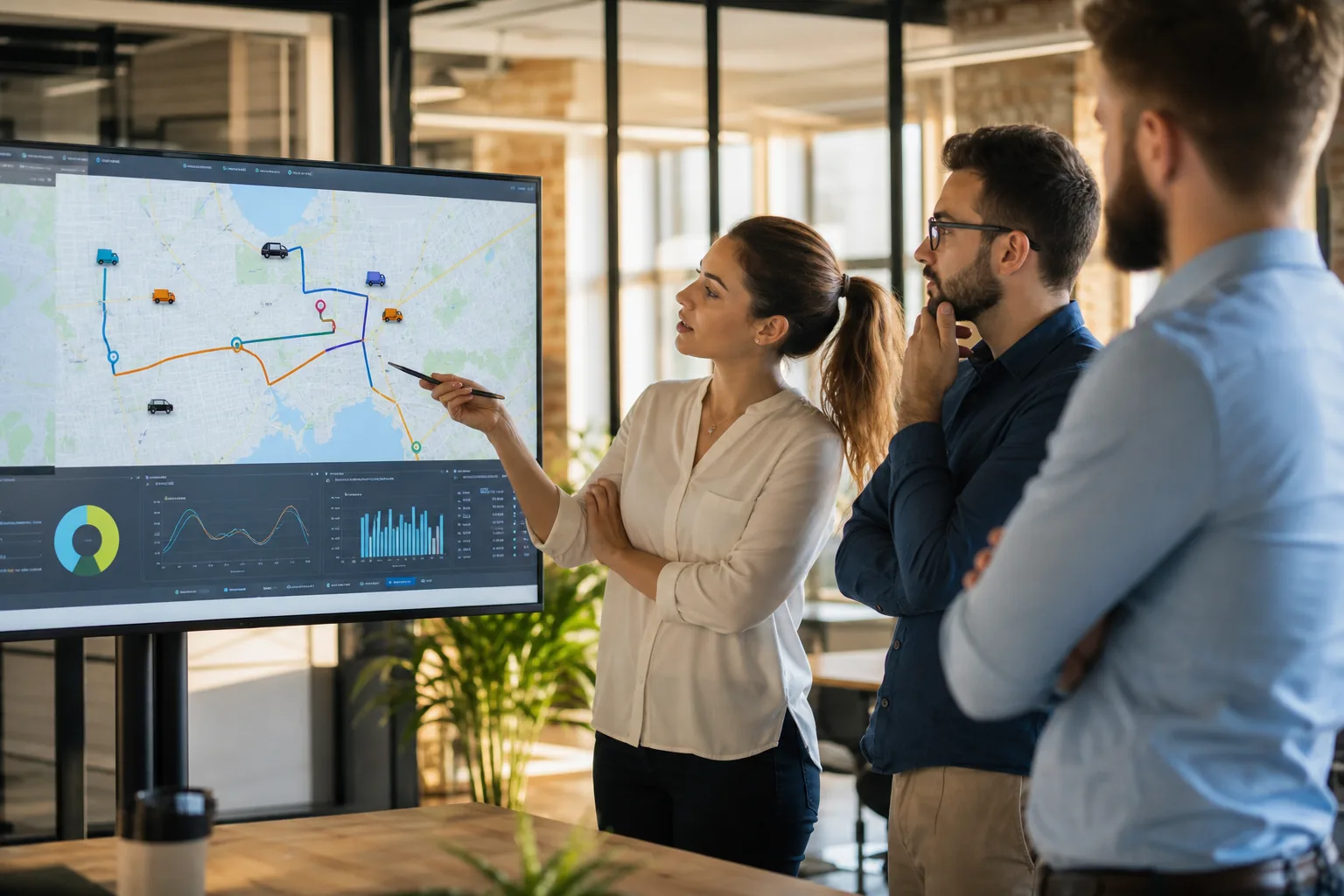Team reviewing a logistics fleet management platform prototype in a bright modern office