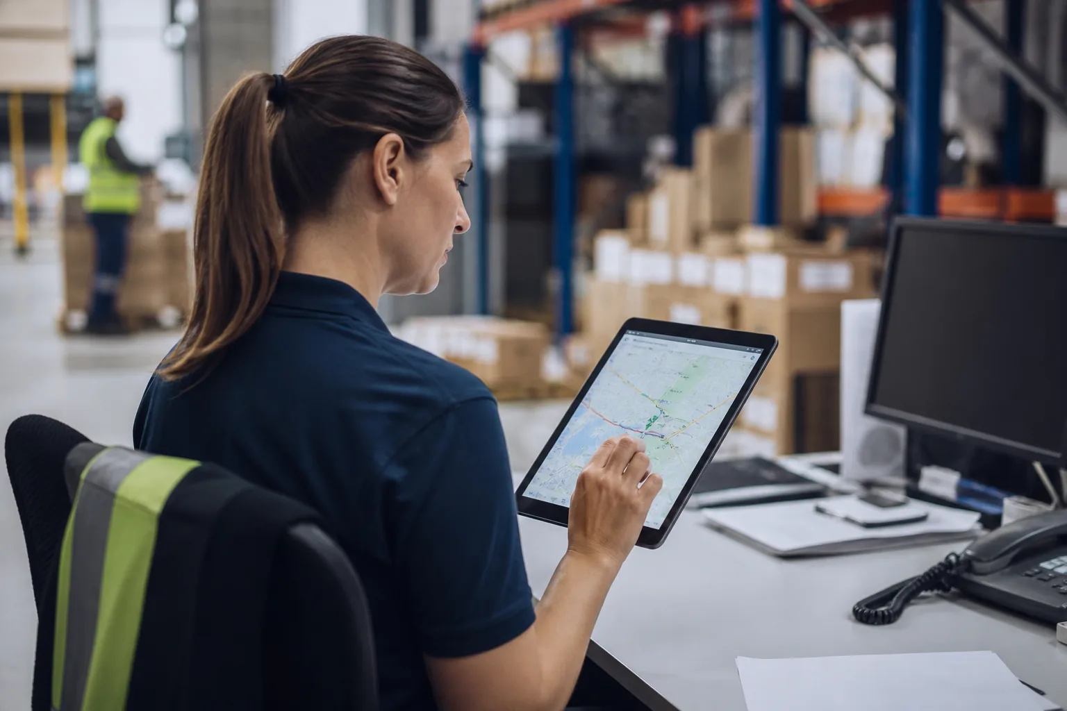 Logistics dispatcher using a tablet fleet tracking app in a warehouse operations office