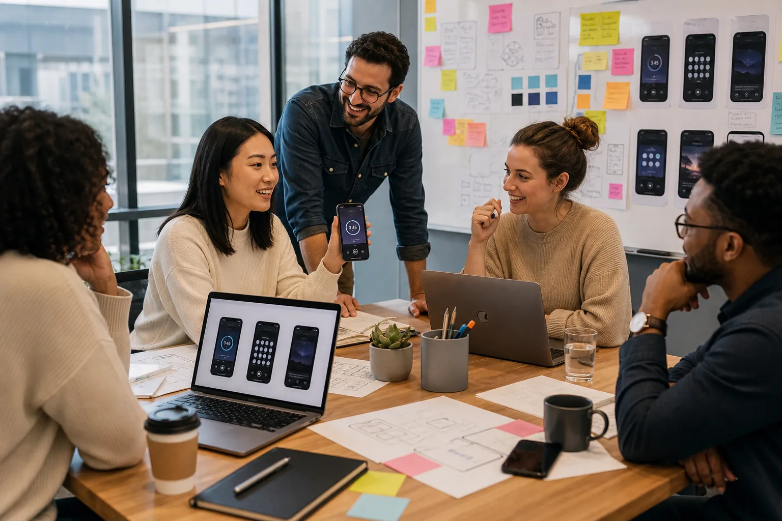 Product team designing a meditation and mental wellness app on phones and laptops