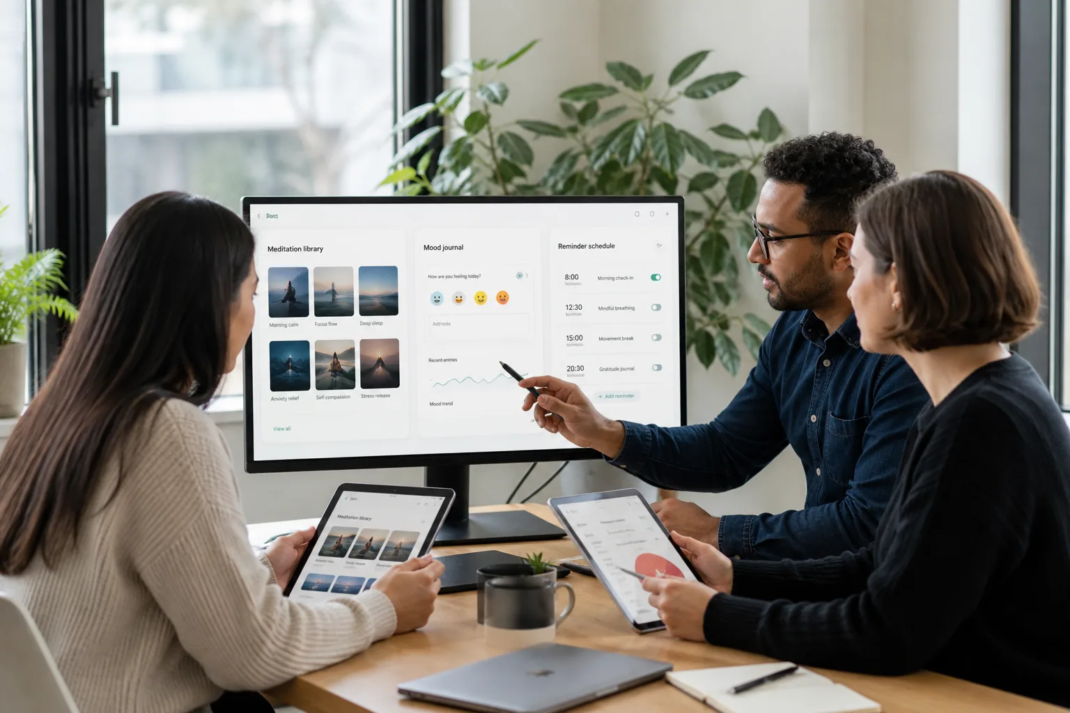 Team reviewing a mental wellness platform prototype in a bright modern office