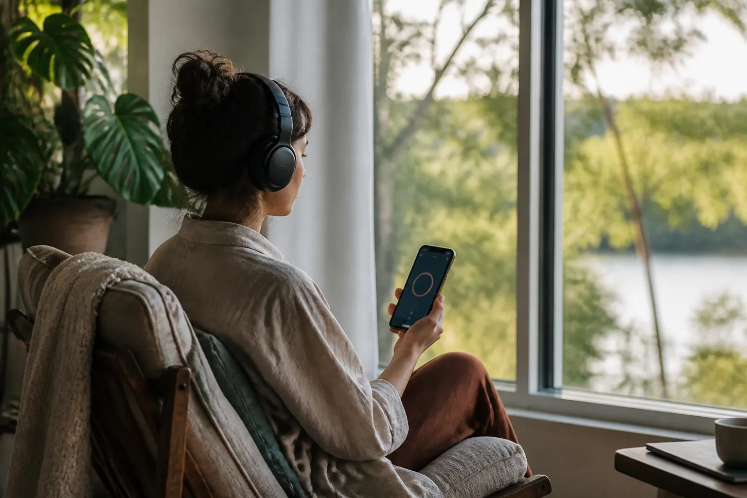 Person using a meditation app with headphones in a calm sunlit living room