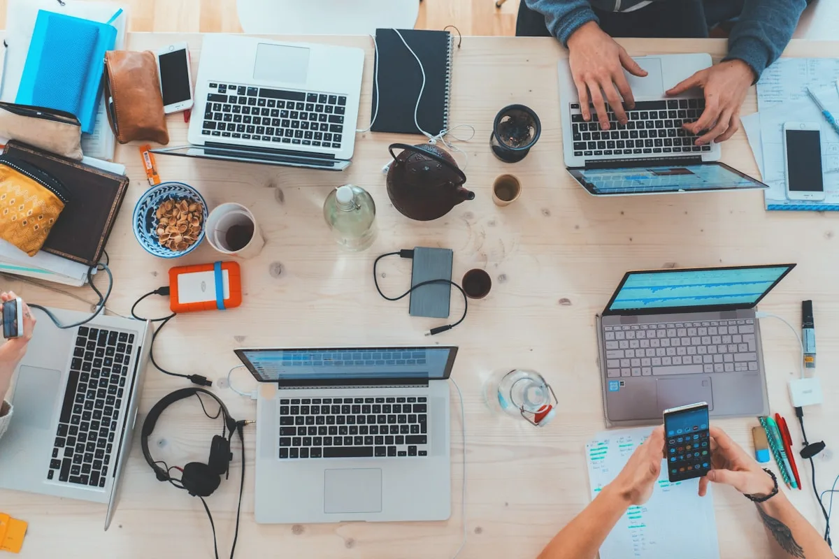 Product team collaborating on mobile apps in a modern office