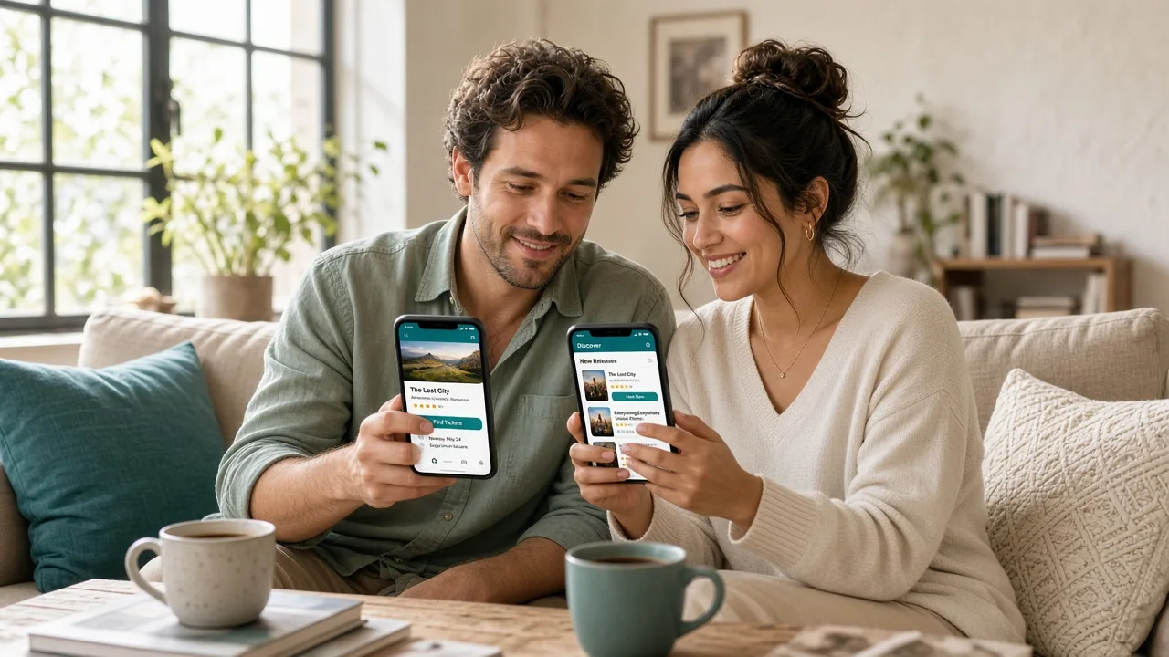 Couple reviewing a movie discovery and booking prototype on smartphones