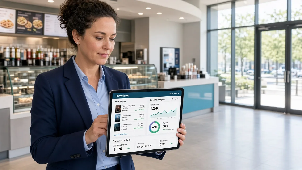 Cinema manager reviewing showtimes and booking analytics on a tablet