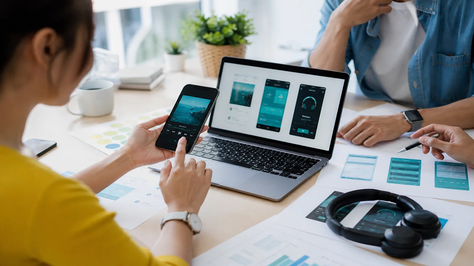Product team designing a music streaming app on phones and laptops