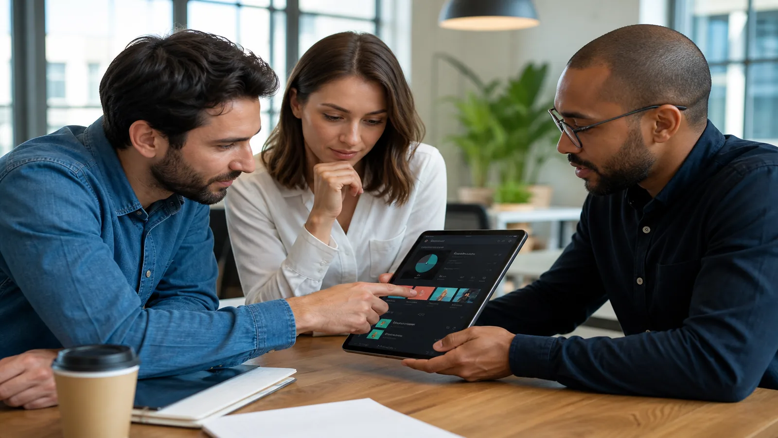 Team reviewing a music streaming app prototype in a bright modern office