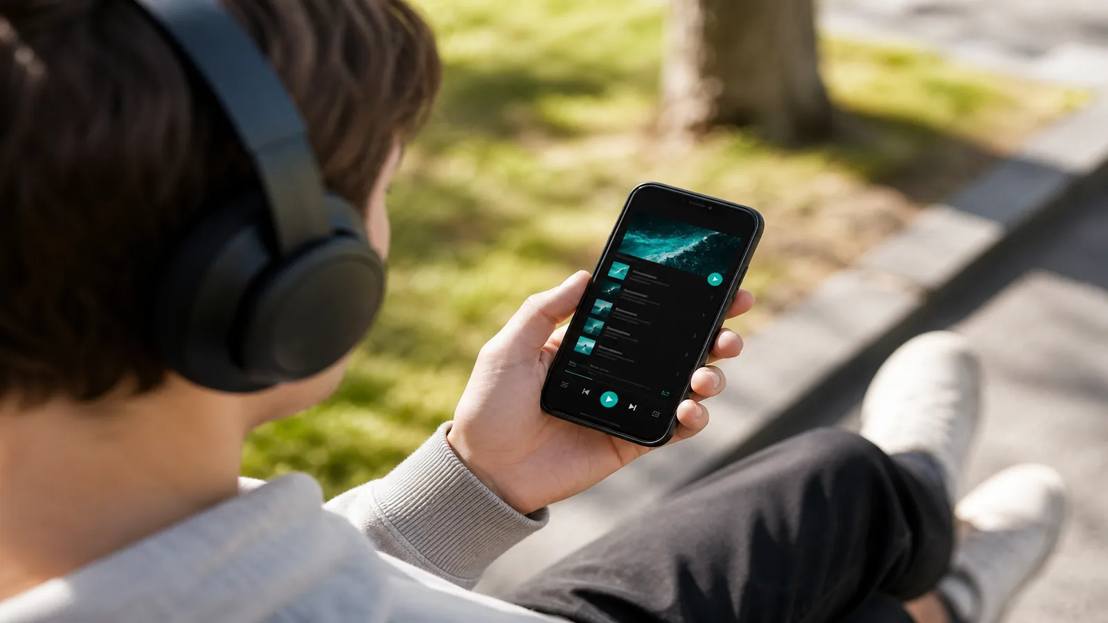 Person outdoors wearing headphones holding a smartphone showing a music streaming app