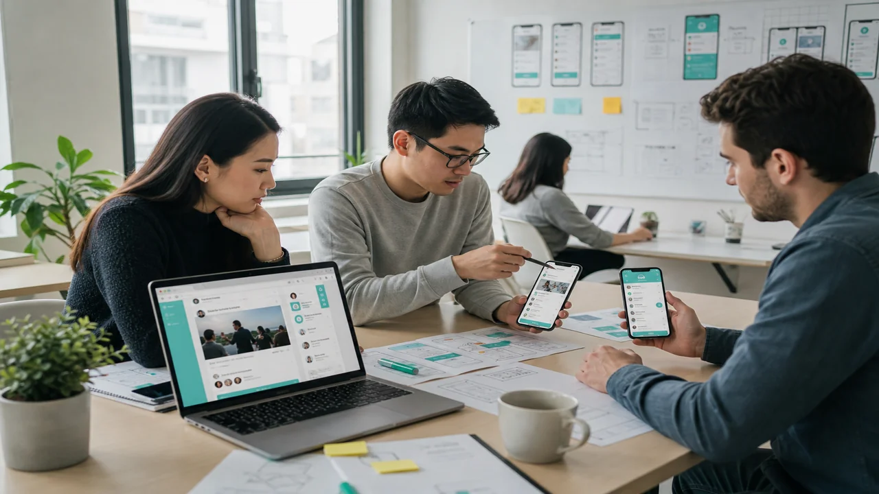 Product team designing a social networking app on phones and laptops