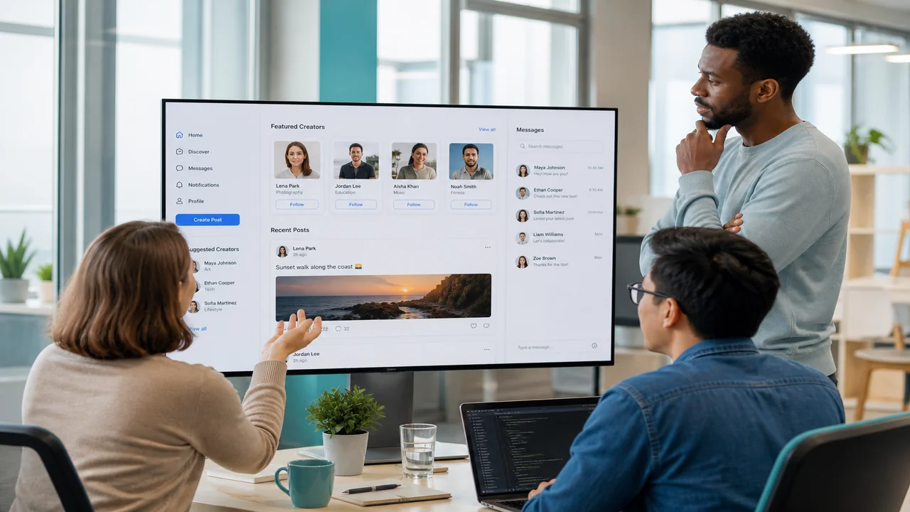 Team reviewing a community social platform prototype in a bright modern office
