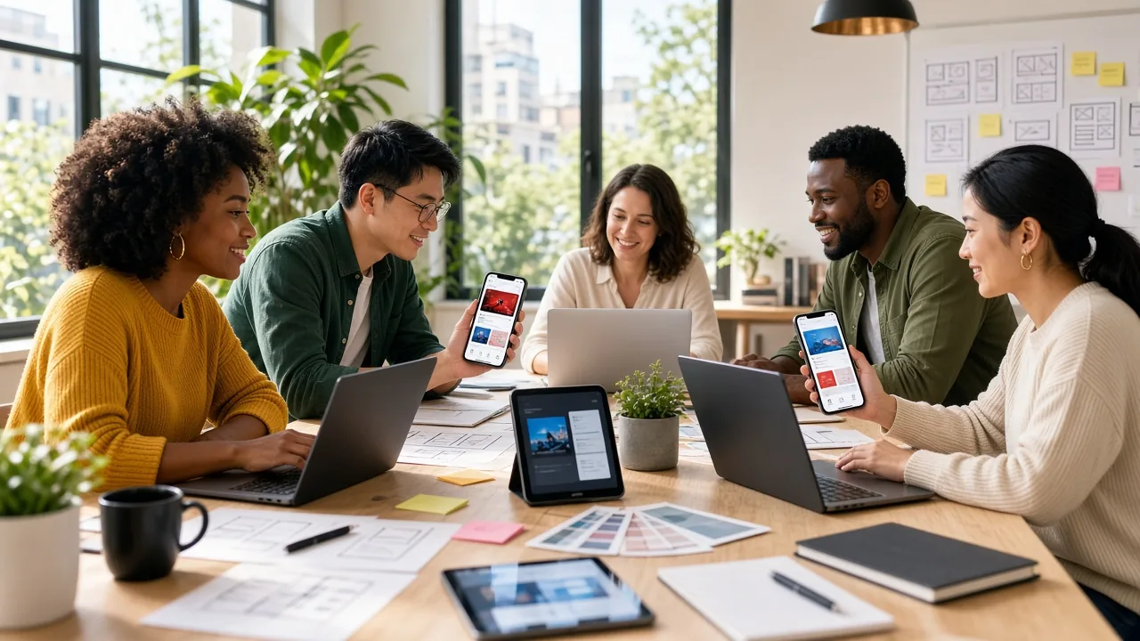 Product team designing a news and media app on phones and laptops