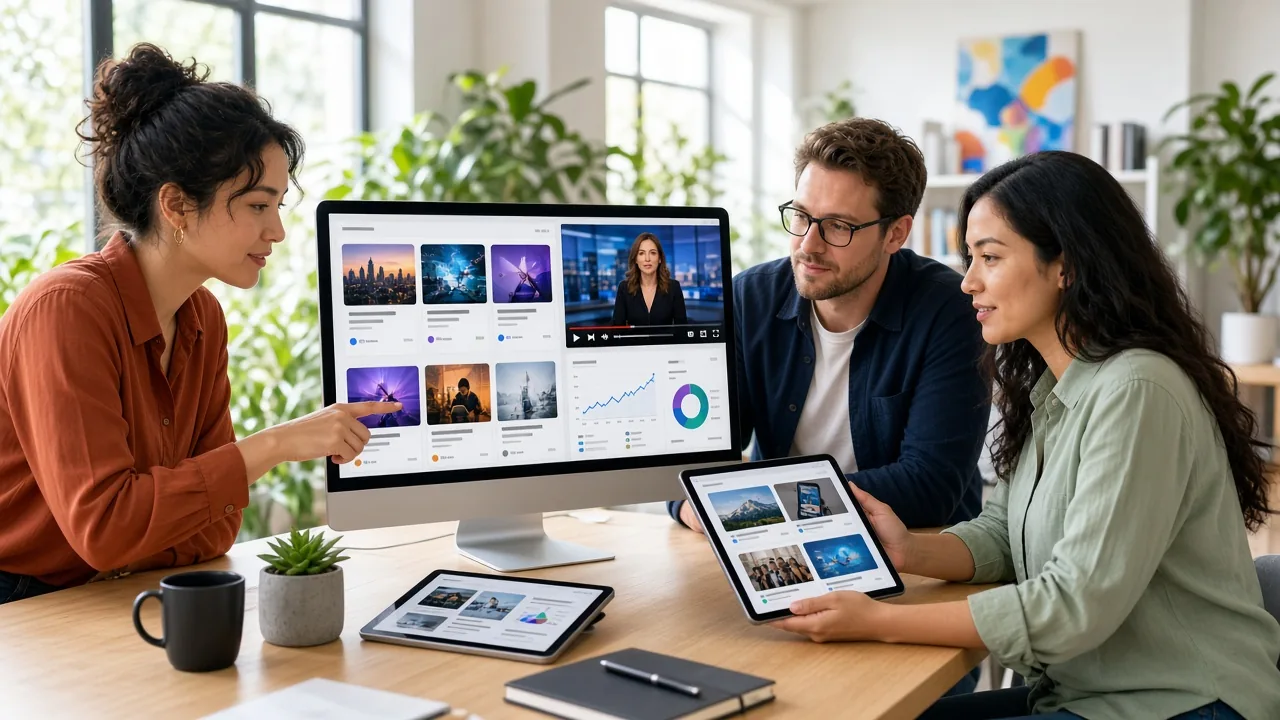 Team reviewing a news and media platform prototype in a bright modern office