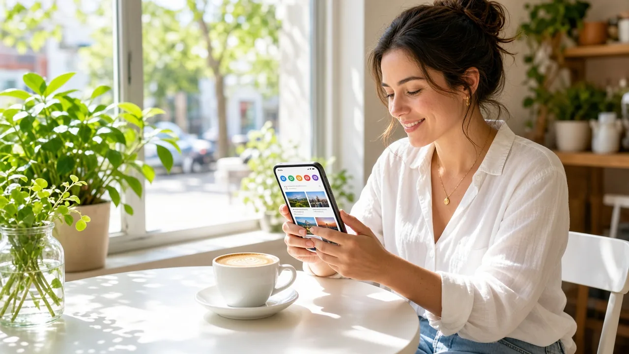 Reader using a smartphone news app in a bright cafe with a coffee