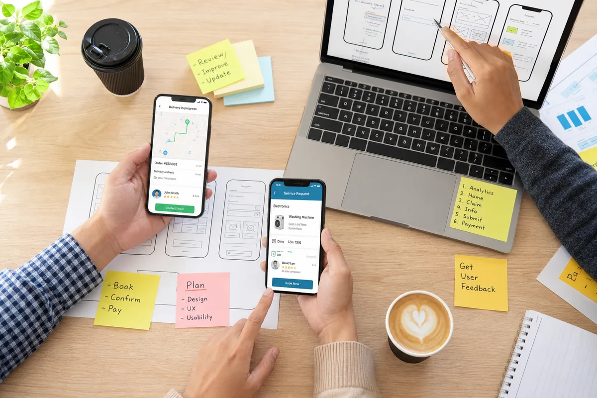 Product team designing on-demand service apps on phones and laptops