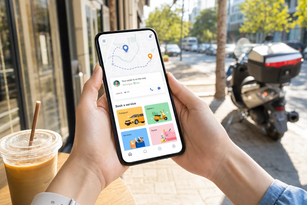 Smartphone showing a bright on-demand services app on a sunny city street