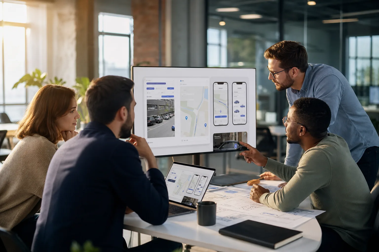 Team reviewing a smart parking platform prototype in a bright modern office