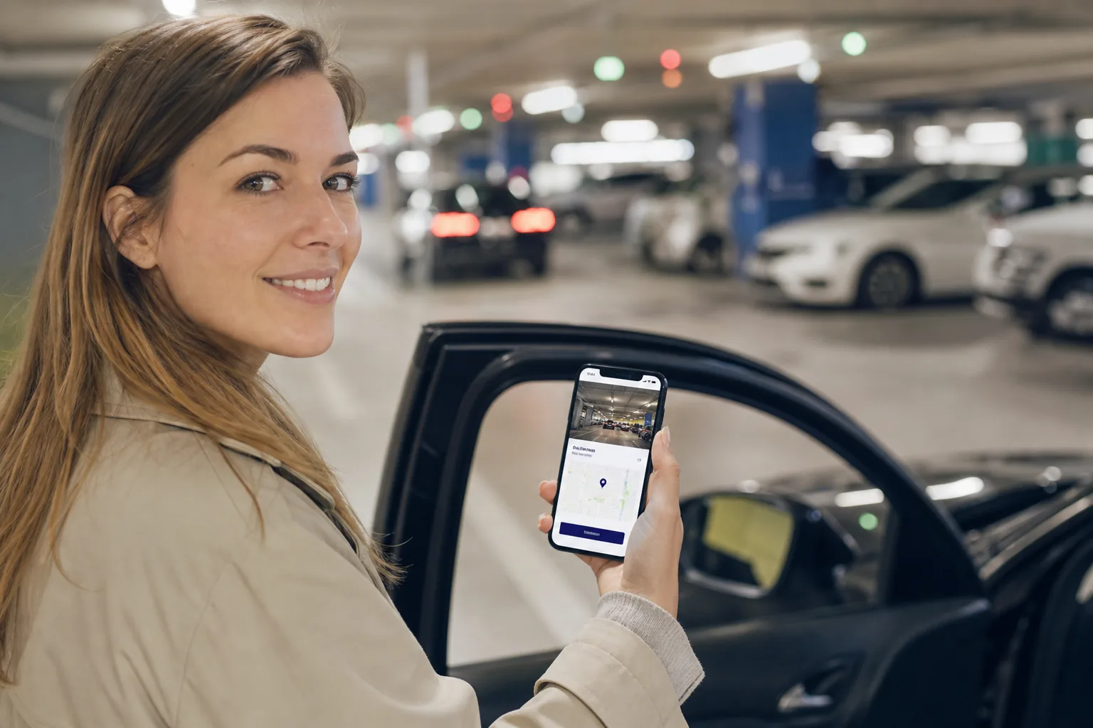 Driver using a smartphone parking reservation app in a city parking garage