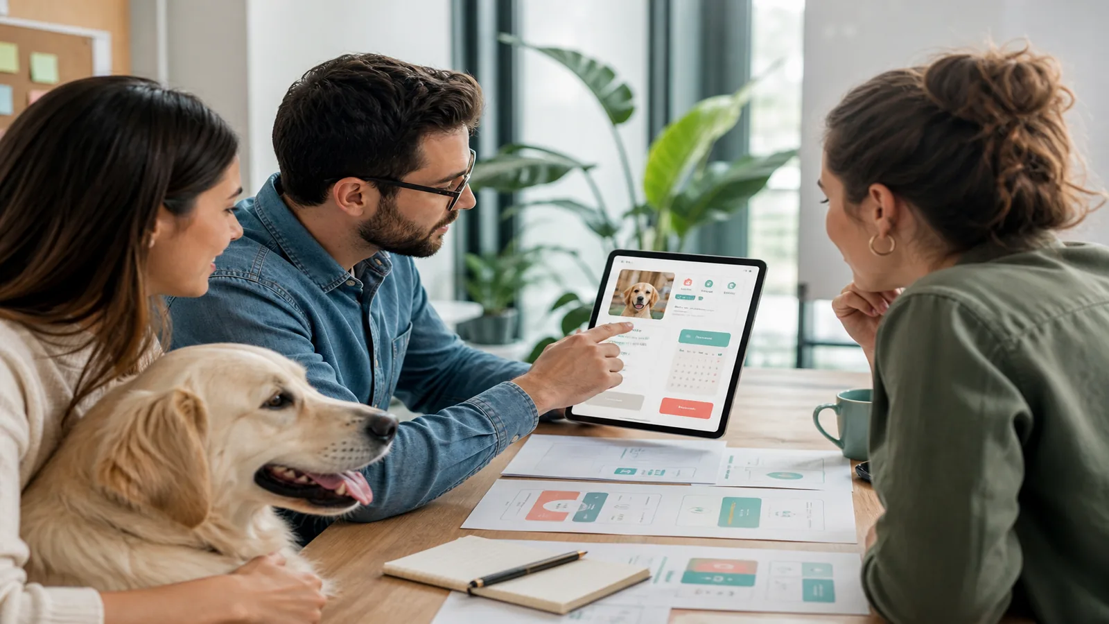 Team reviewing a pet care booking prototype in a bright modern office