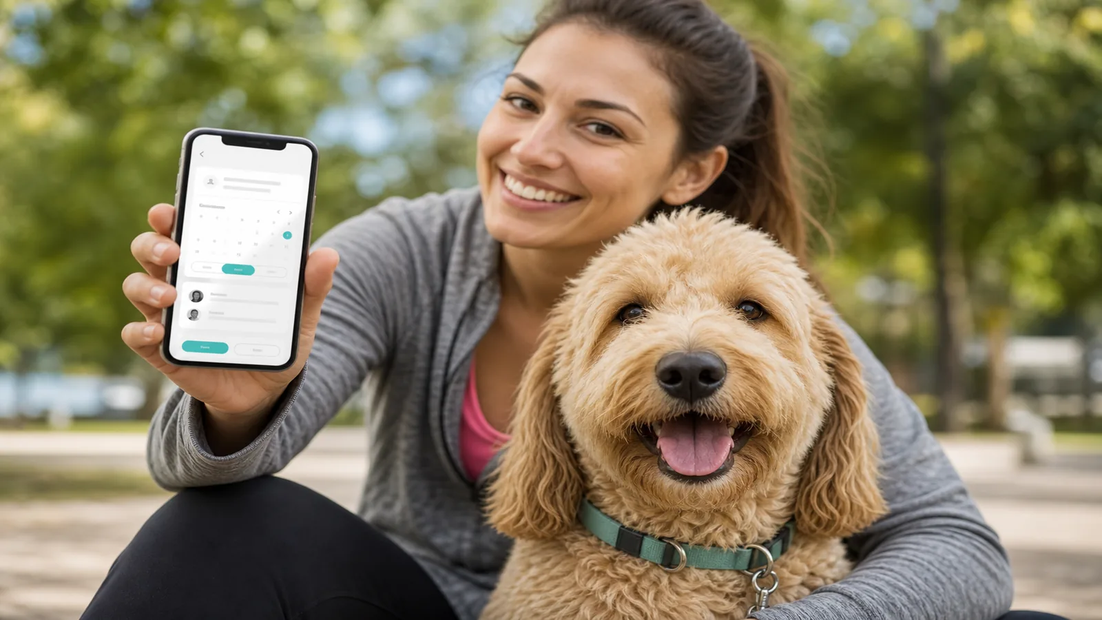 Pet owner outdoors with a dog holding a smartphone showing a pet care booking app