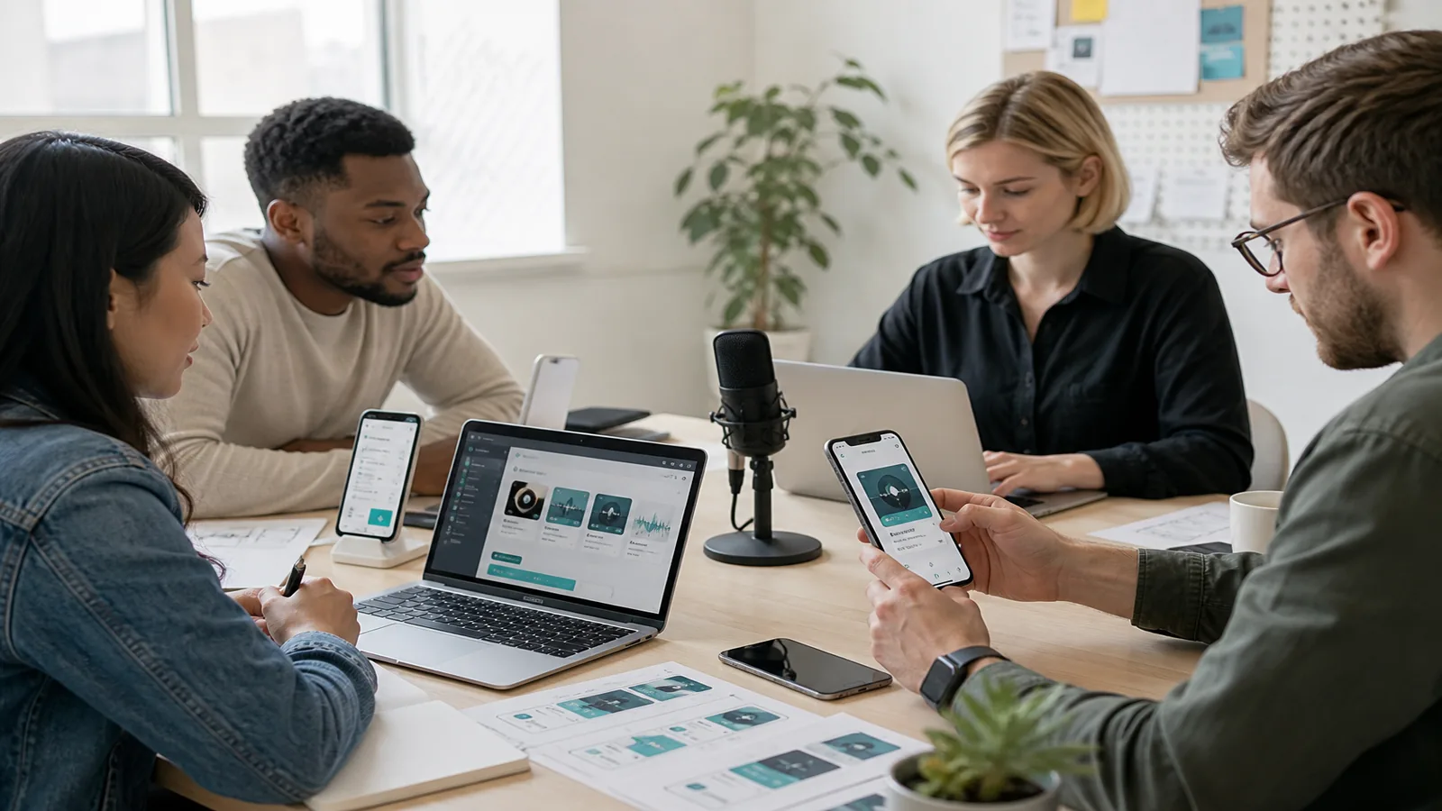 Product team designing a podcast streaming app on phones and laptops