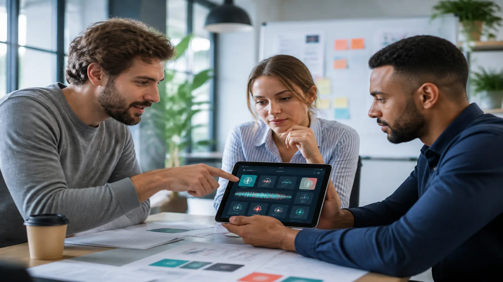 Team reviewing a podcast app prototype in a bright modern office