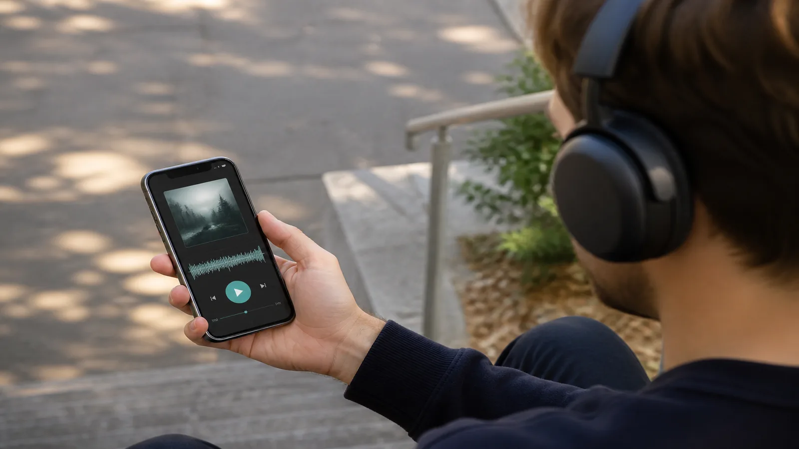 Person outdoors wearing headphones holding a smartphone showing a podcast listening app