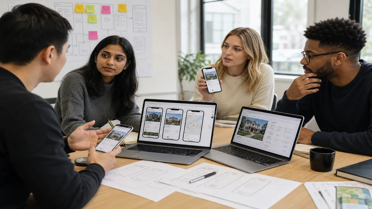 Product team designing a real estate property listing app on phones and laptops