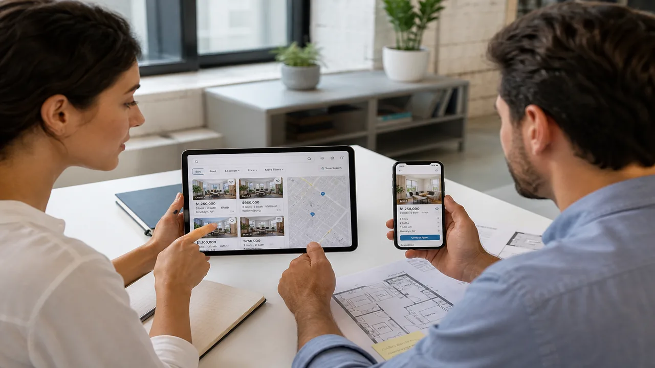 Team reviewing a real estate marketplace app prototype in a bright modern office