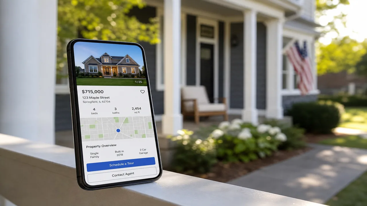 Smartphone showing a bright property listing app outside a modern home