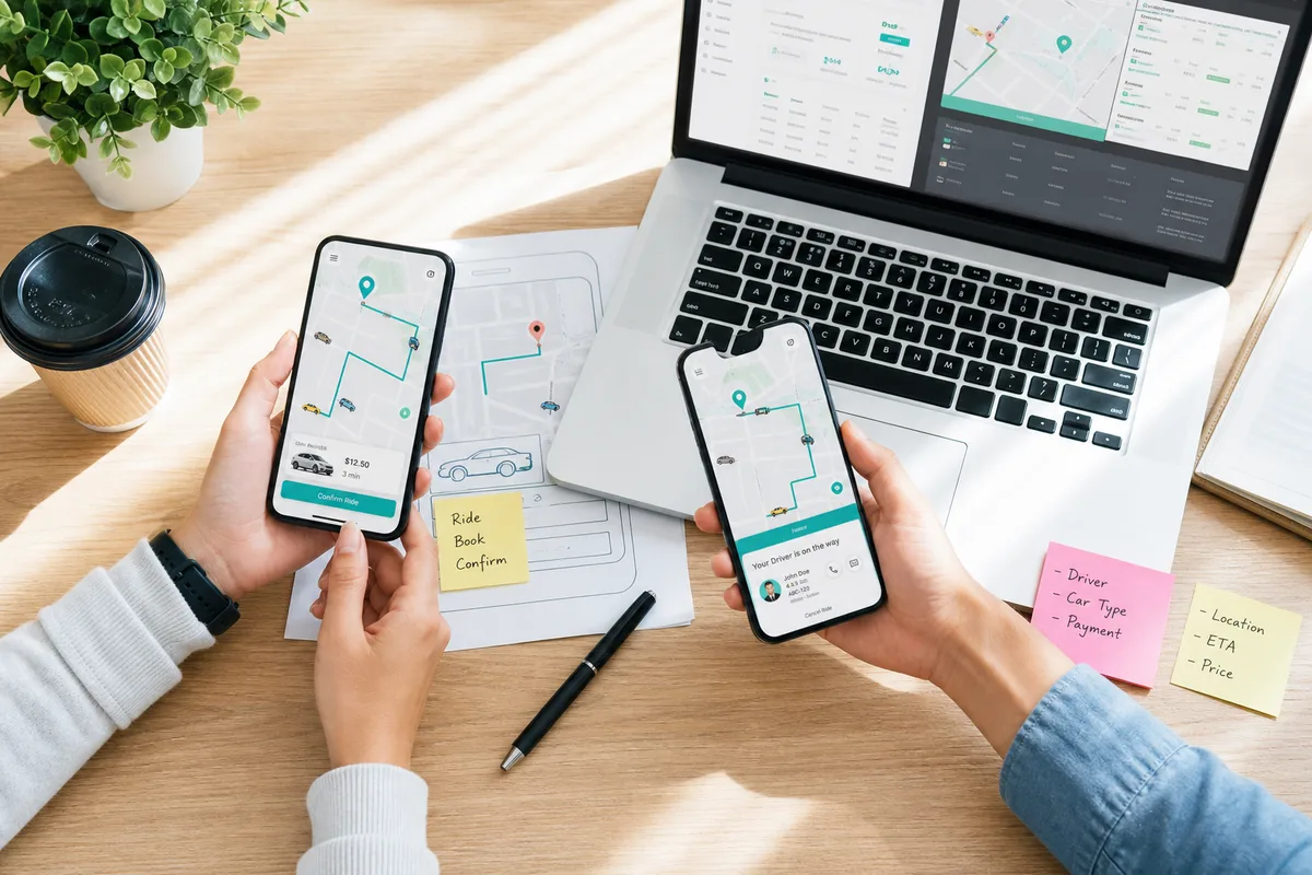 Product team designing a ride-hailing app with maps and booking screens