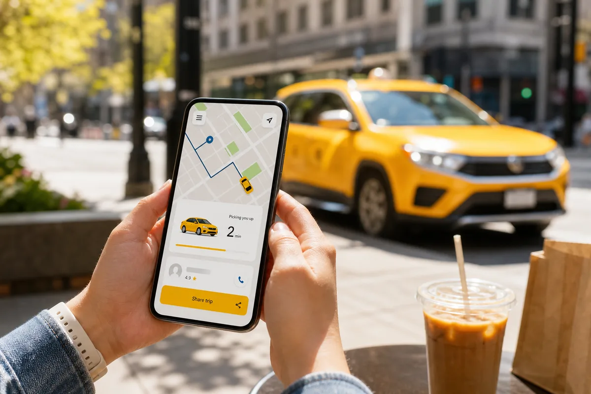 Smartphone showing a bright taxi booking app on a sunny city street