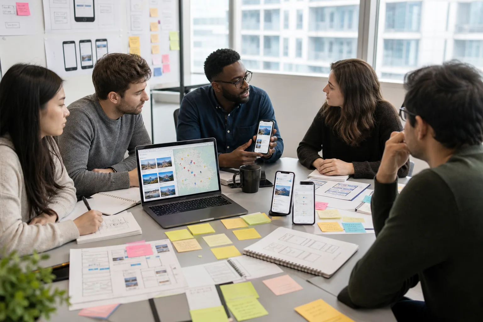 Product team designing a tour and travel booking app on phones and laptops