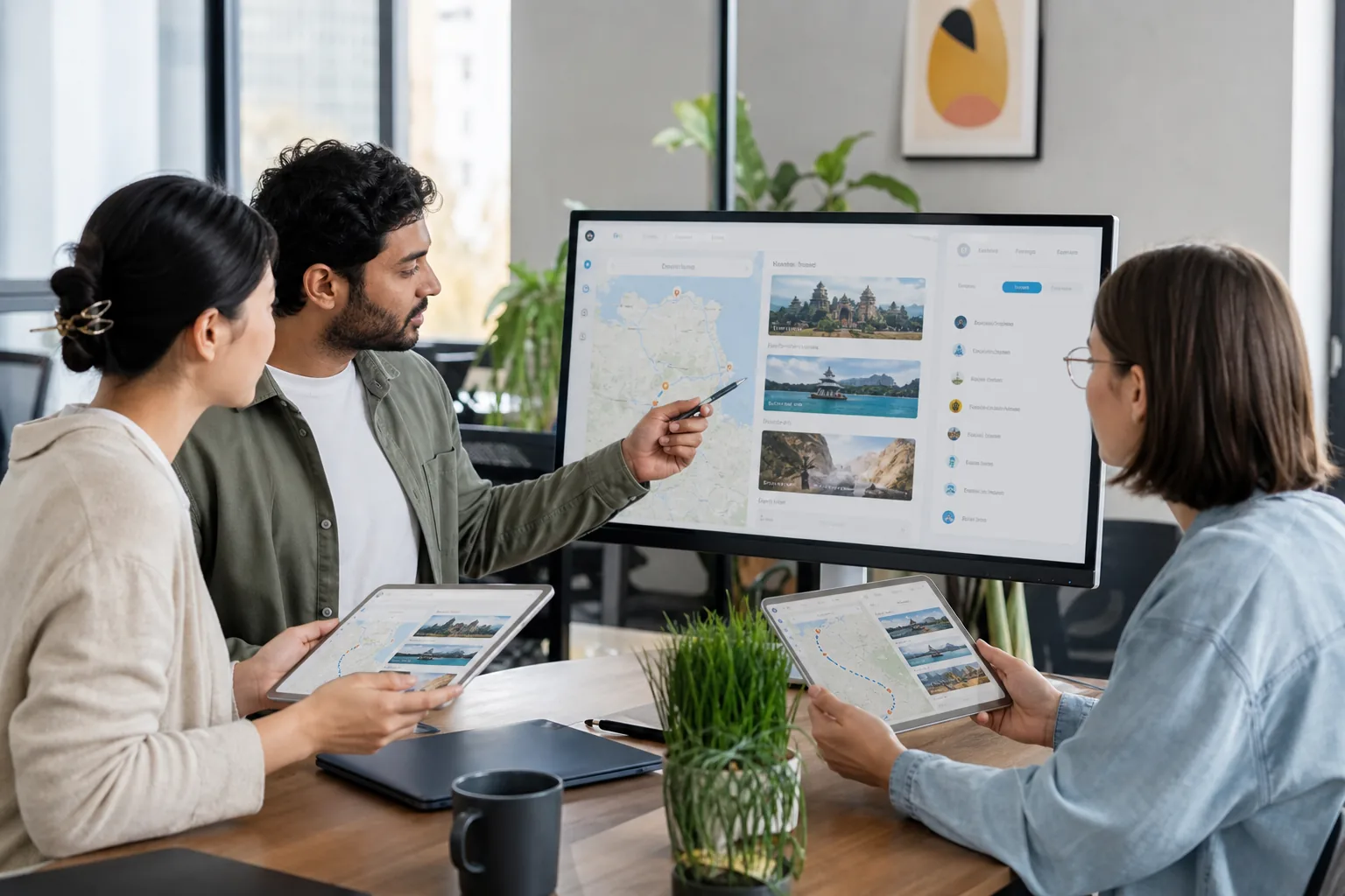 Team reviewing a travel booking platform prototype in a bright modern office