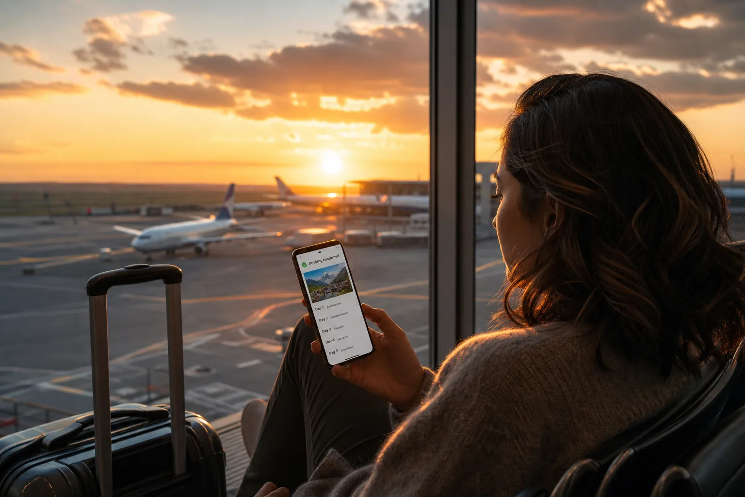 Traveler using a smartphone tour booking app at an airport window
